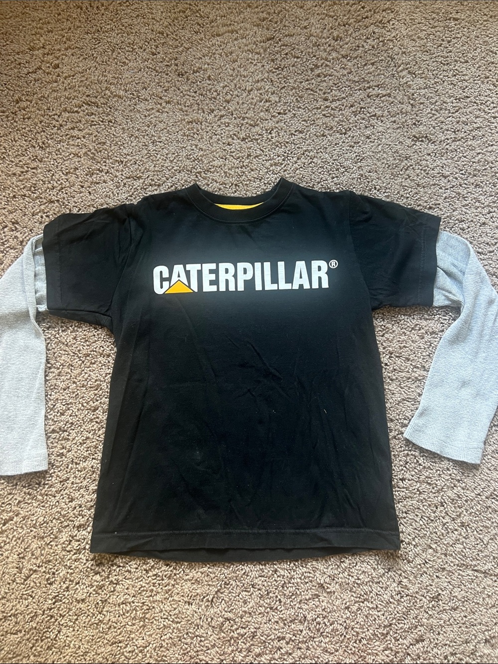 Boy’s Caterpillar Black Tee with Gray Layered Sleeves Size 10-12